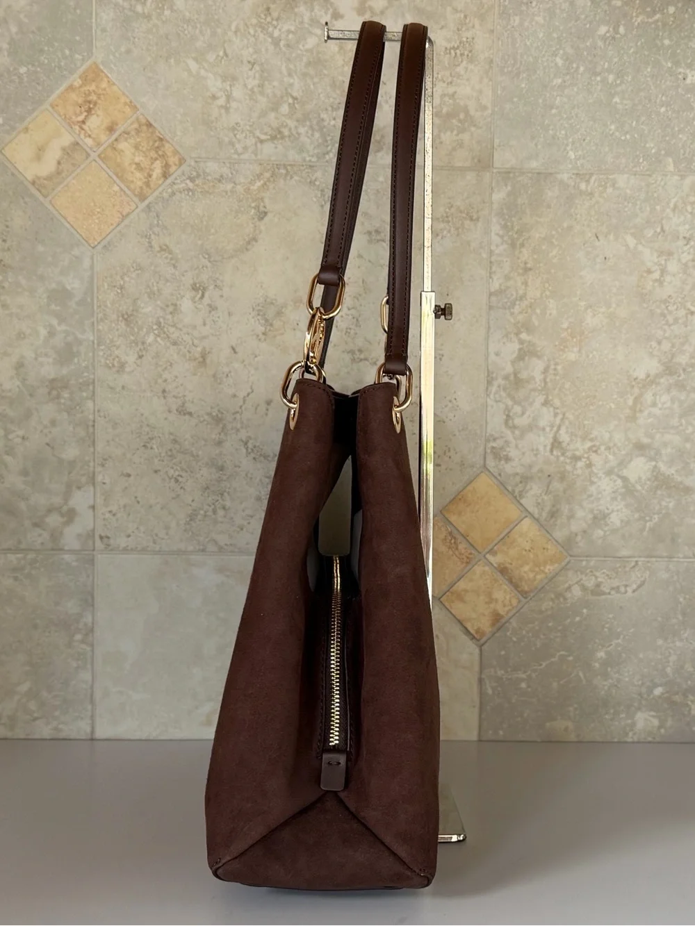 Michael Kors Christina LG MK Logo Chain Shoulder Tote Bag Dark Brown